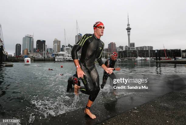 Luke Gillmer of Australia exits the water during the Ironman 70.3 Auckland triathlon on January 20, 2013 in Auckland, New Zealand.