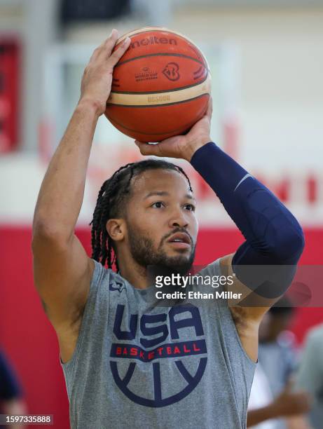 Jalen Brunson of the 2023 USA Basketball Men’s National Team shoots at a practice session during the team's training camp at the Mendenhall Center at...