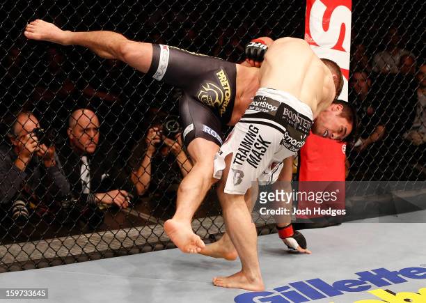 Nik Lentz takes down Diego Nunes in their featherweight fight at the UFC on FX event on January 19, 2013 at Ibirapuera Gymnasium in Sao Paulo, Brazil.