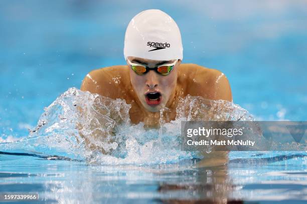 Oscar Bilbao of Team England competes in the Men's 200m Breaststroke Final on day two of the 2023 Youth Commonwealth Games at National Aquatic Centre...