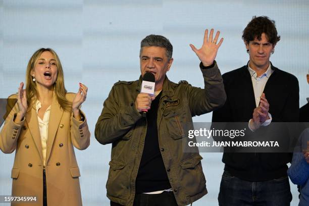 Chief of Government of the City of Buenos Aires pre-candidate Jorge Macri speaks next to his partner Maria Belen Ludueña and pre-candidate Martin...
