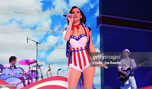 The musician Katy Perry sings during the children's concert at the Washington Convention Center to celebrate military families on January 19, 2013 in...