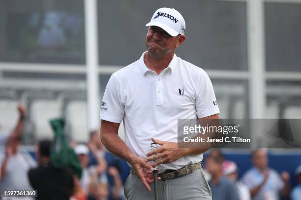 Lucas Glover of the United States celebrates after winning the Wyndham Championship at Sedgefield Country Club on August 06, 2023 in Greensboro,...
