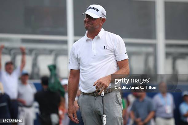 Lucas Glover of the United States reacts after winning the Wyndham Championship at Sedgefield Country Club on August 06, 2023 in Greensboro, North...