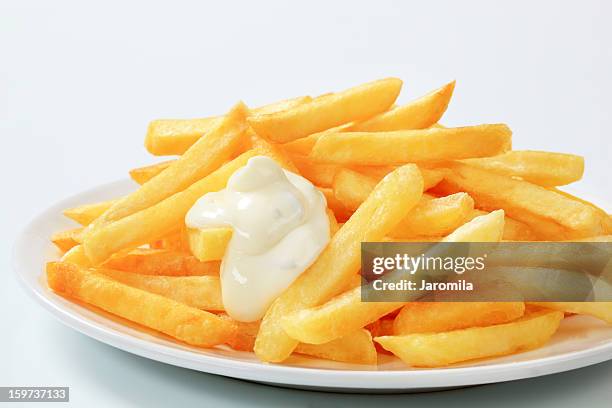 french fries with mayonnaise - fast food french fries stock pictures, royalty-free photos & images