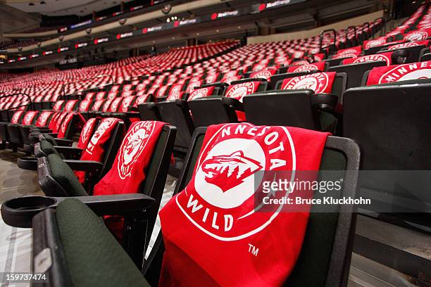 Minnesota Wild towels line the seats at the Xcel Energy Center prior to the game against the Colorado Avalanche on January 19, 2013 in Saint Paul,...