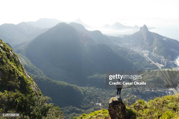 mann, blick auf rio de janeiro von oben - tijuca stock-fotos und bilder