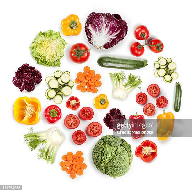 healthy fruits and vegetables in round shape on white background - vegetable stock pictures, royalty-free photos & images