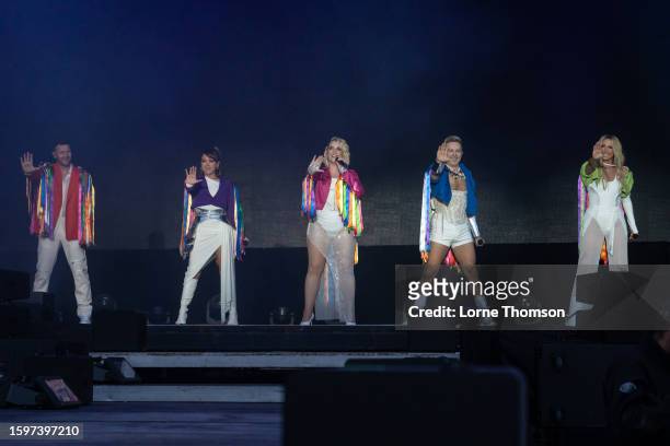Lee Latchford-Evans, Lisa Scott-Lee, Claire Richards, Ian "H" Watkins and Faye Tozer of Steps perform during the Brighton & Hove Pride 2023 on August...
