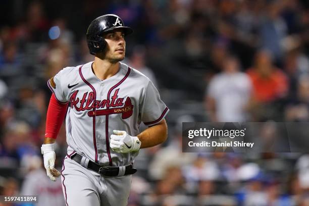 Matt Olson of the Atlanta Braves hits a two-run home run in the eighth inning during the game between the Atlanta Braves and the New York Mets at...