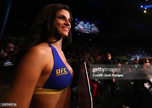 Octagon Girl Aline Caroline Franzoi looks on during the UFC on FX event on January 19, 2013 at Ibirapuera Gymnasium in Sao Paulo, Brazil.