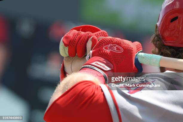 Detailed view of the Lizard Skins batting gloves worn by Trey Cabbage of the Los Angeles Angels as he waits on-deck to bat during game one of a...
