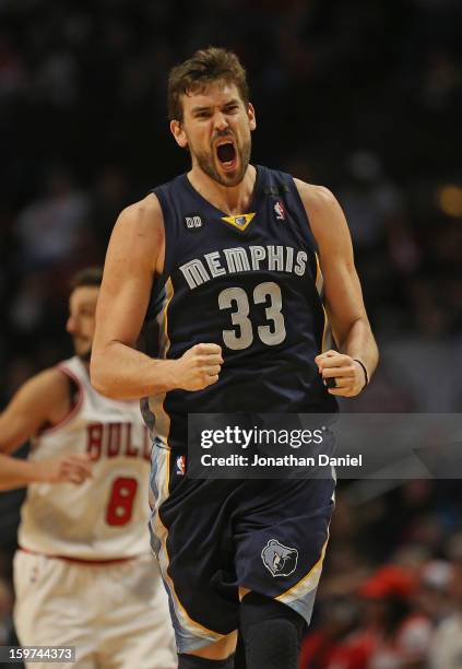 Marc Gasol of the Memphis Grizzles celebrates hitting a shot in overtime against the Chicago Bulls at the United Center on January 19, 2013 in...