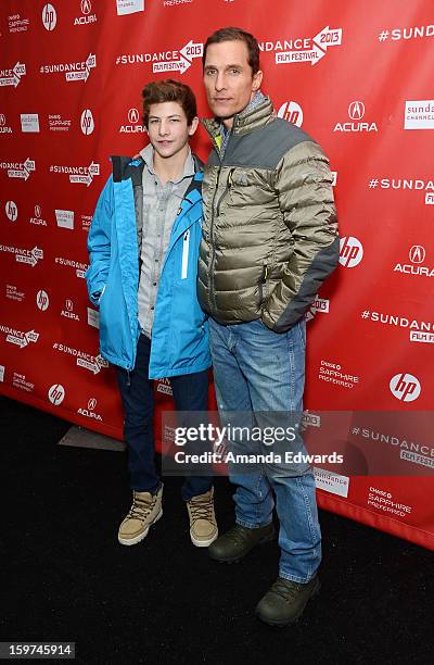 Actors Matthew McConaughey and Tye Sheridan arrive at the 2013 Sundance Film Festival Premiere of "Mud" at The Marc Theatre on January 19, 2013 in...