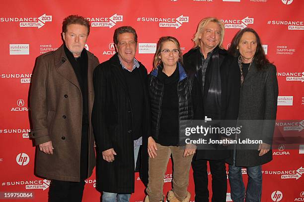 Don Henley, Glenn Frey, Alison Ellwood, Joe Walsh and Timothy B. Schmit attend "The History Of The Eagles Part 1" premiere at Eccles Center Theatre...