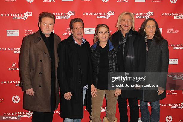 Don Henley, Glenn Frey, Alison Ellwood, Joe Walsh and Timothy B. Schmit attend "The History Of The Eagles Part 1" premiere at Eccles Center Theatre...