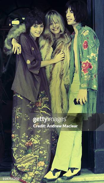 From left to right, Michèle Breton, Anita Pallenberg and Mick Jagger on the set of Donald Cammell and Nicolas Roeg's psychological thriller...