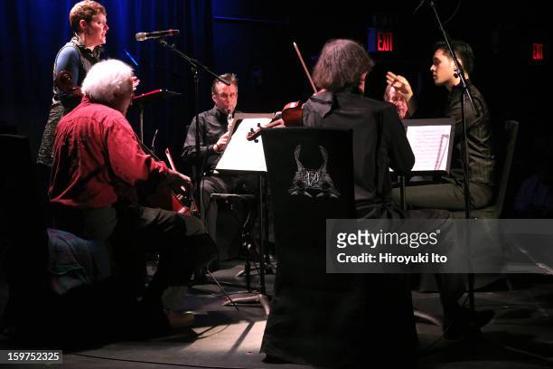Memorial Concert for Elliot Carter" at Le Poisson Rouge on Sunday night, January 13, 2013.This image:From left, Tony Arnold, Fred Sherry, Stephen...