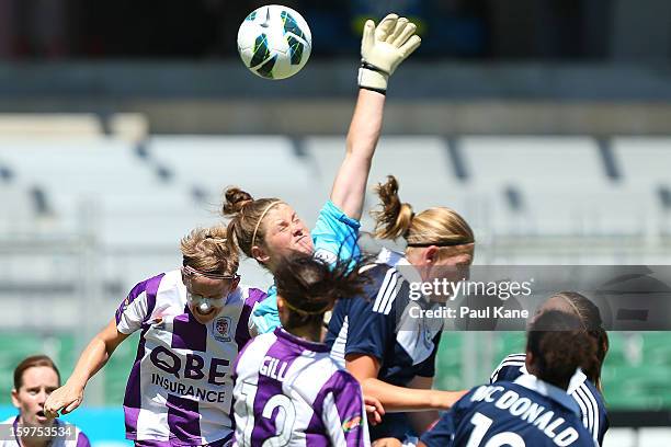 Brianna Davey of the Victory saves a shot on goal during the W-League Semi Final match between Perth Glory and Melbourne Victory at nib Stadium on...