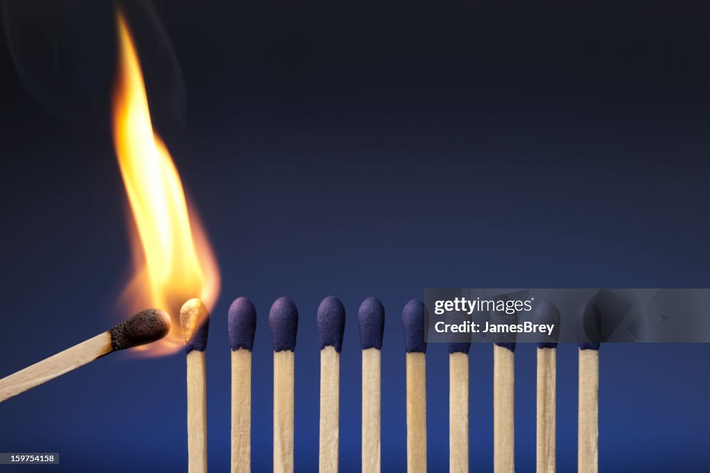 Lit match next to a row of unlit matches