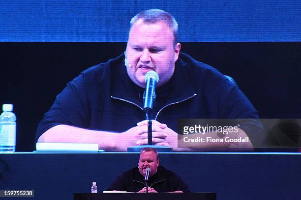 Kim Dotcom launches his new file-sharing site, Mega, on January 20, 2013 in Auckland, New Zealand. The launch comes as Dotcom continues to face...