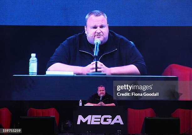 Kim Dotcom launches his new file-sharing site, Mega, on January 20, 2013 in Auckland, New Zealand. The launch comes as Dotcom continues to face...