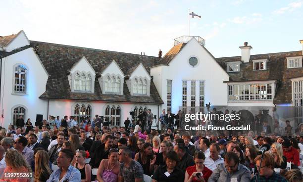 Guests and media gather as Kim Dotcom launches his new file-sharing site, Mega, on January 20, 2013 in Auckland, New Zealand. The launch comes as...