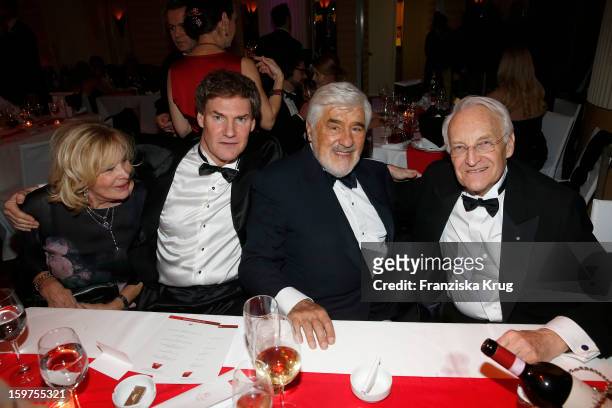 Monique Adorf, Carsten Maschmayer, Mario Adorf and Edmund Stoiber attend the Germany Filmball 2013 on January 19, 2013 in Munich, Germany.