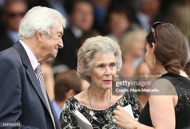 Richie Benaud and his wife Daphne talk to Gretal packer during the Tony Greig memorial service at Sydney Cricket Ground on January 20, 2013 in...