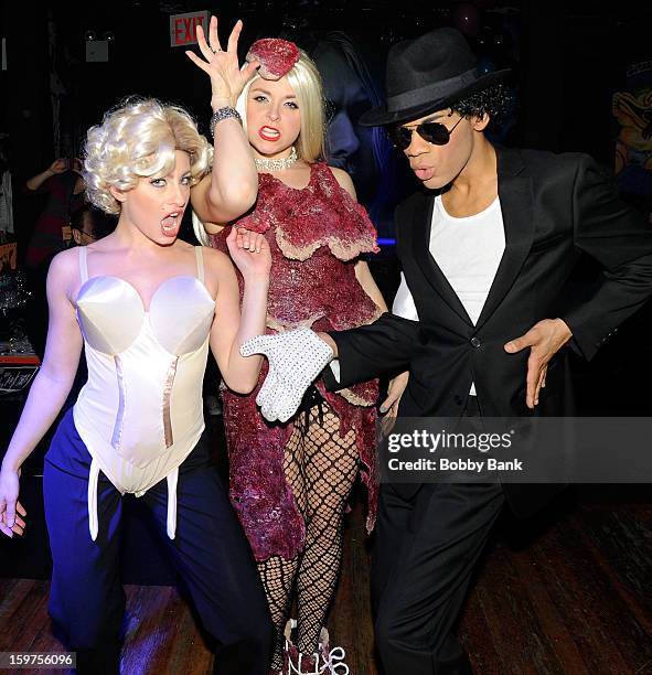 Damien Deshaun Smith as "Michael Jackson", Ann-Marie Sepe as "Lady Gaga" and Meg Lanzarone as "Madonna Past" attends Totally Tubular Time Machine at...