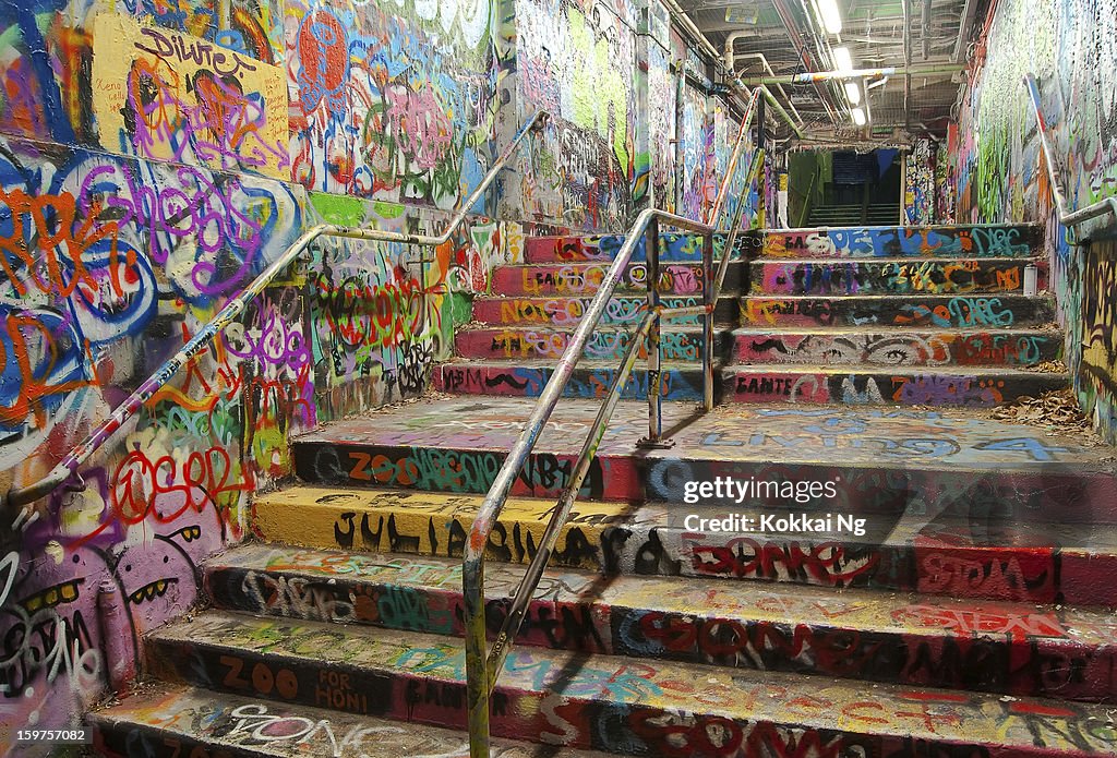 Stairway tunnel filled with Graffiti in University of Sydney