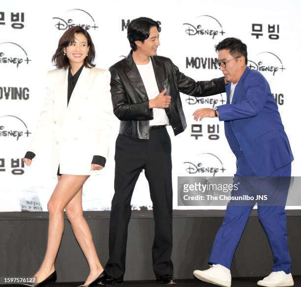 South Korean actors Han Hyo-joo, Jo In-seong, and Ryu Seung-ryong attend the press conference for Disney+ Original Series "Moving" at...