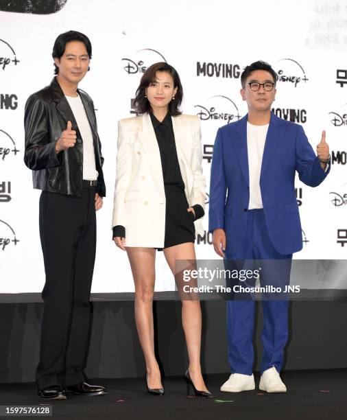 South Korean actors Jo In-seong, Han Hyo-joo, and Ryu Seung-ryong attend the press conference for Disney+ Original Series "Moving" at...