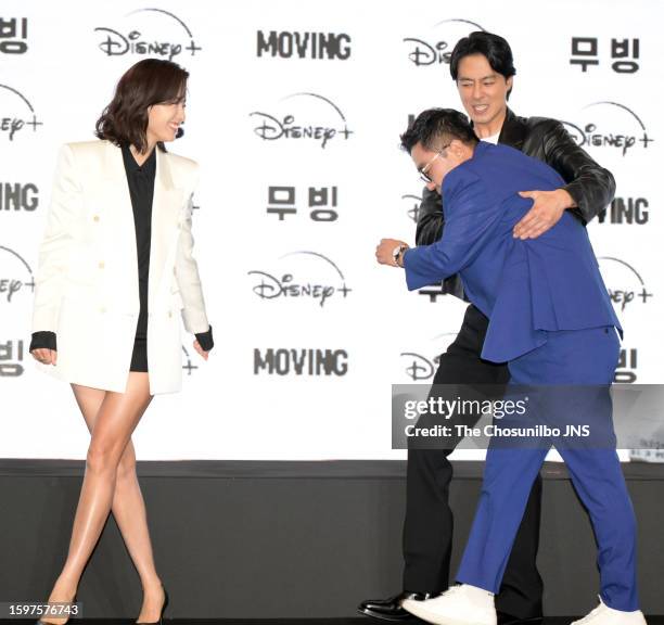 South Korean actors Han Hyo-joo, Jo In-seong, and Ryu Seung-ryong attend the press conference for Disney+ Original Series "Moving" at...