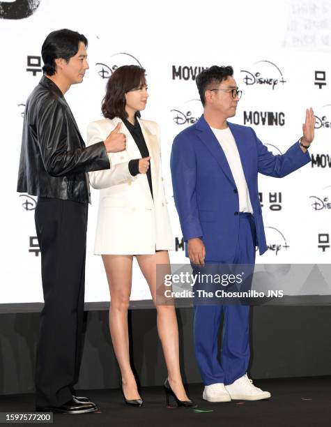 South Korean actors Jo In-seong, Han Hyo-joo, and Ryu Seung-ryong attend the press conference for Disney+ Original Series "Moving" at...