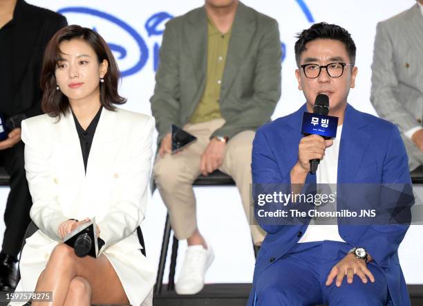 South Korean actors Han Hyo-joo and Ryu Seung-ryong attend the press conference for Disney+ Original Series "Moving" at InterContinental Grand Seoul...