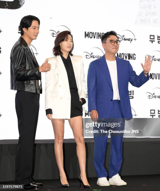 South Korean actors Jo In-seong, Han Hyo-joo, and Ryu Seung-ryong attend the press conference for Disney+ Original Series "Moving" at...