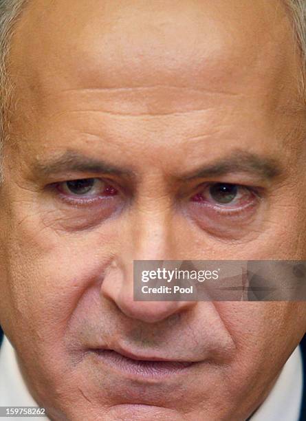 Israeli Prime Minister Benjamin Netanyahu addresses the weekly cabinet meeting at his office on January 20, 2013 in Jerusalem, Israel. According to...