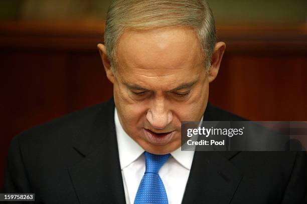 Israeli Prime Minister Benjamin Netanyahu addresses the weekly cabinet meeting at his office on January 20, 2013 in Jerusalem, Israel. According to...