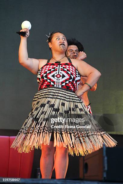 Cultural group performs as Kim Dotcom launches his new file-sharing site, Mega, on January 20, 2013 in Auckland, New Zealand. The launch comes as...