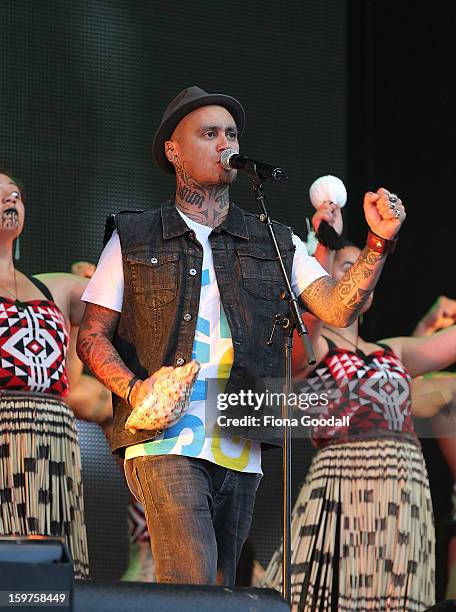 Tiki Tane performs with a cultural group as Kim Dotcom launches his new file-sharing site, Mega, on January 20, 2013 in Auckland, New Zealand. The...