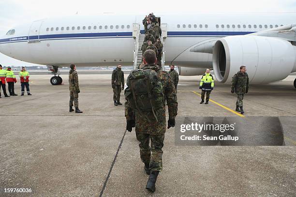 Contingent of approximately 240 soldiers of the German Bundeswehr board a plane for Turkey on January 20, 2013 in Berlin, Germany. German is...