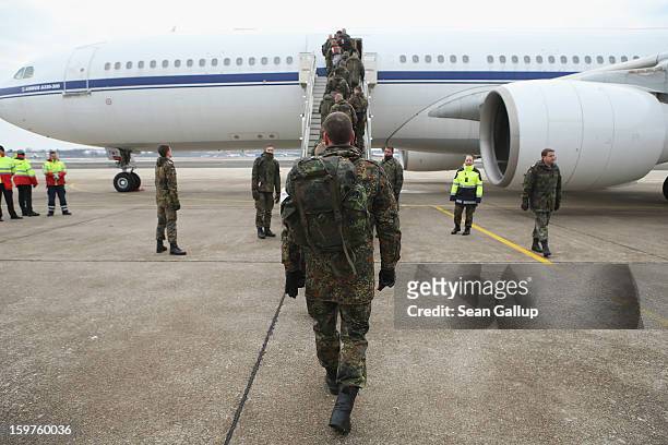 Contingent of approximately 240 soldiers of the German Bundeswehr board a plane for Turkey on January 20, 2013 in Berlin, Germany. German is...