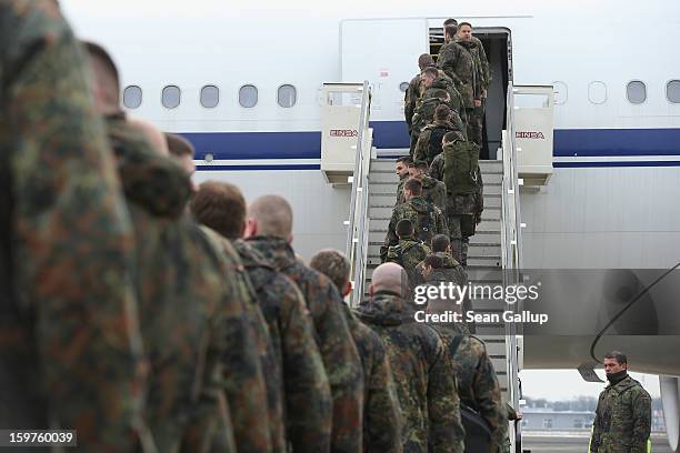 Contingent of approximately 240 soldiers of the German Bundeswehr board a plane for Turkey on January 20, 2013 in Berlin, Germany. German is...