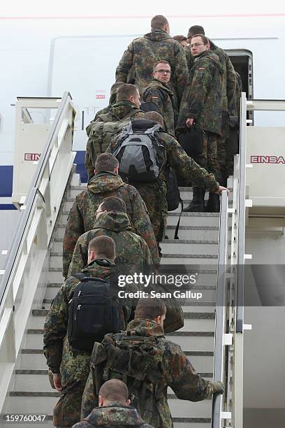 Contingent of approximately 240 soldiers of the German Bundeswehr board a plane for Turkey on January 20, 2013 in Berlin, Germany. German is...