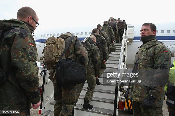 Contingent of approximately 240 soldiers of the German Bundeswehr board a plane for Turkey on January 20, 2013 in Berlin, Germany. German is...