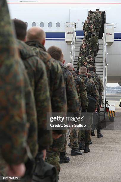 Contingent of approximately 240 soldiers of the German Bundeswehr board a plane for Turkey on January 20, 2013 in Berlin, Germany. German is...