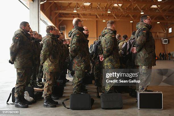 Contingent of approximately 240 soldiers of the German Bundeswehr arrive to board a plane for Turkey on January 20, 2013 in Berlin, Germany. German...