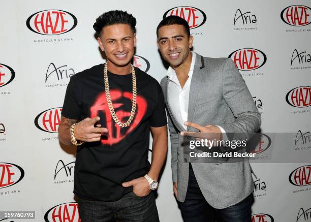 Television personality DJ Paul "Pauly D" DelVecchio and recording artist Jay Sean arrive at DelVecchio's year-long residency kick-off at Haze...