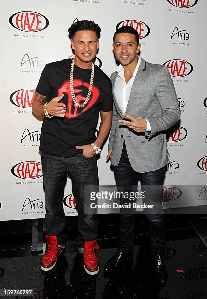 Television personality DJ Paul "Pauly D" DelVecchio and recording artist Jay Sean arrive at DelVecchio's year-long residency kick-off at Haze...